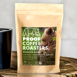 PROOF Coffee Roasters dark roast Bearhug Blend; Certified Organic & Kosher, roasted in Brooklyn NYC