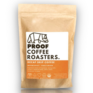PROOF Coffee Roasters Swiss Decaf blend; Certified Organic & Kosher, roasted in Brooklyn NYC