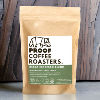 PROOF Coffee Roasters decaf espresso blend; Certified Organic & Kosher, roasted in Brooklyn NYC