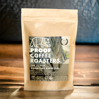 PROOF Coffee Roasters The Schist Espresso blend; Certified Organic & Kosher, roasted in Brooklyn NYC