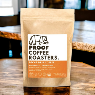 PROOF Coffee Roasters Swiss Decaf blend; Certified Organic & Kosher, roasted in Brooklyn NYC